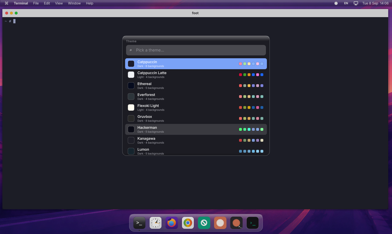 The myLinux desktop: a glass menu bar, a tiled terminal and browser, the dock at the bottom