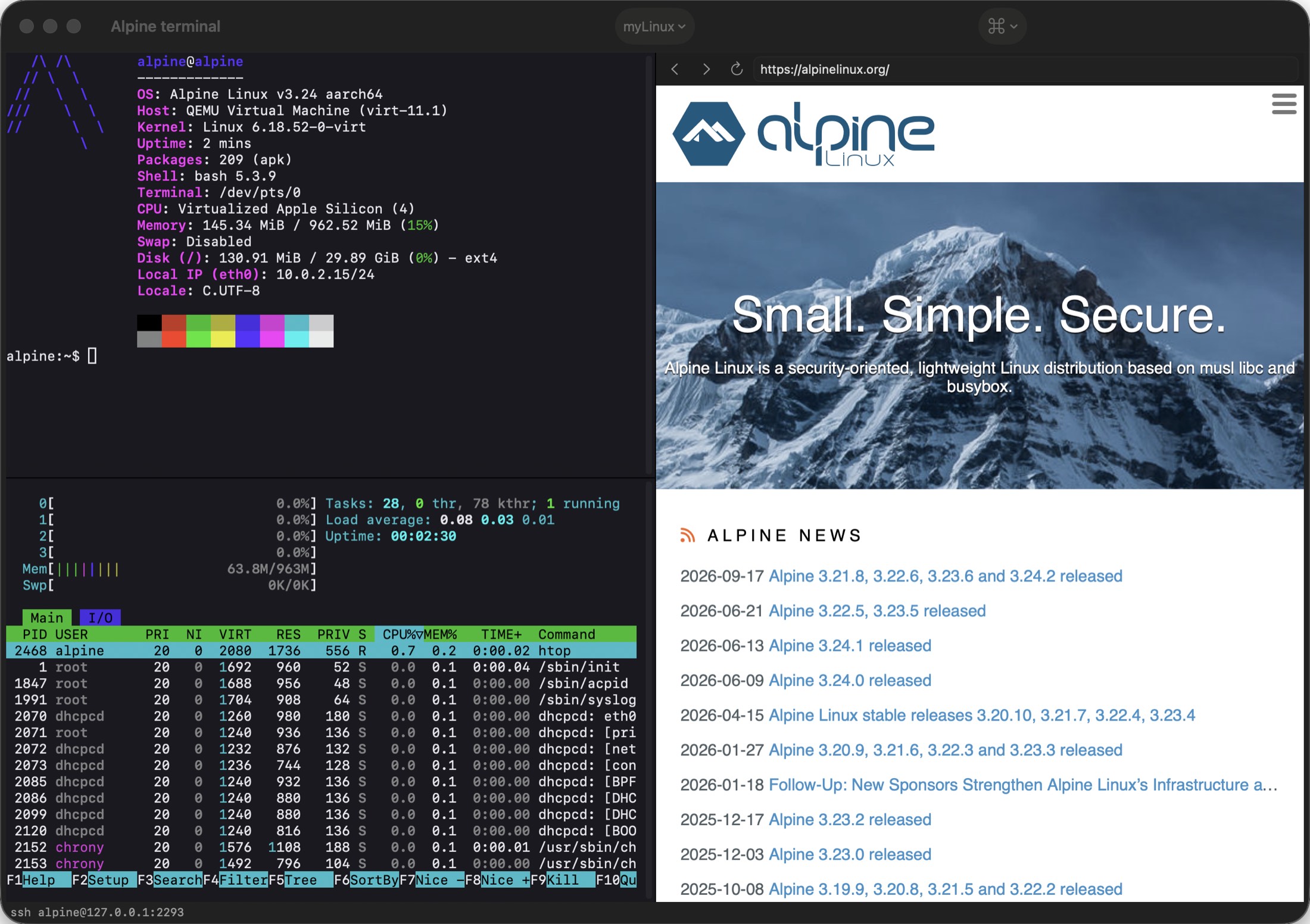 An Alpine machine's window: fastfetch and htop showing about 64 MB in use, and the browser