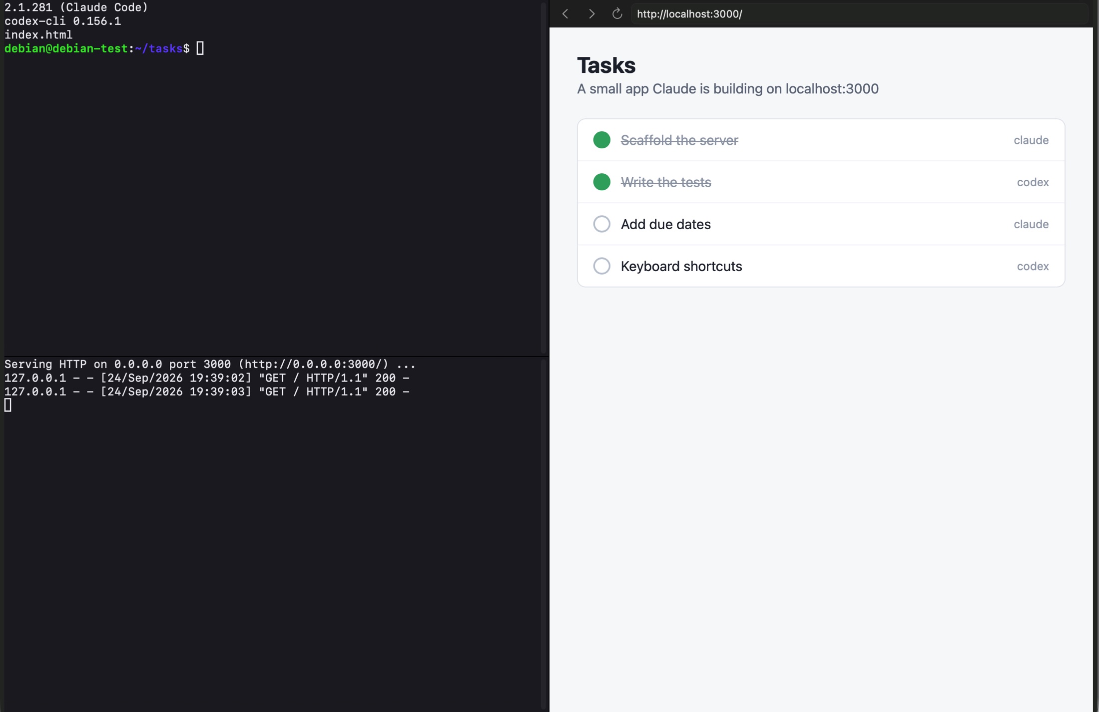 A Debian machine's window: a terminal with Claude Code and Codex, and a browser showing the machine's own web server