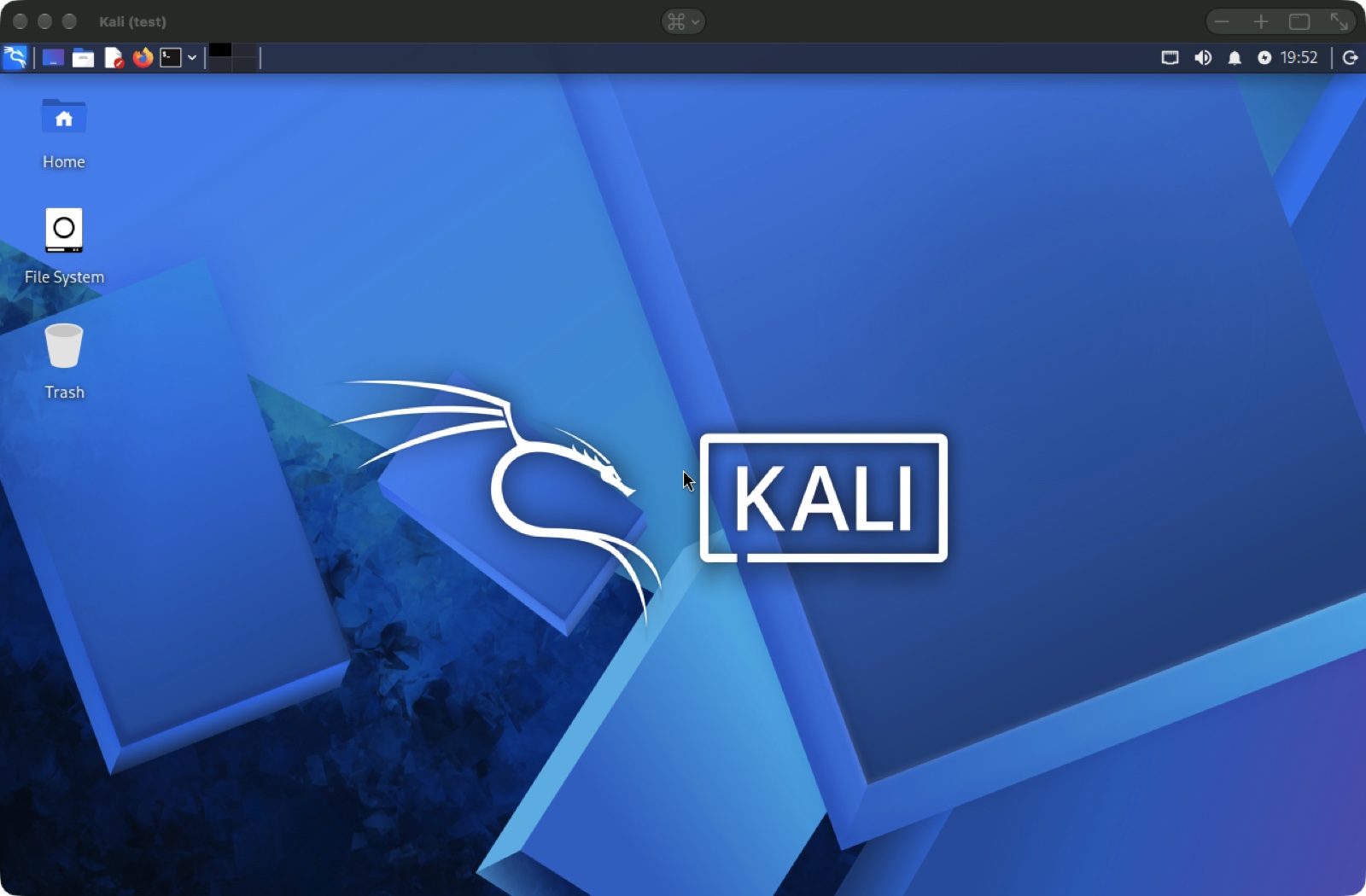 Kali Linux's Xfce desktop with the Kali dragon