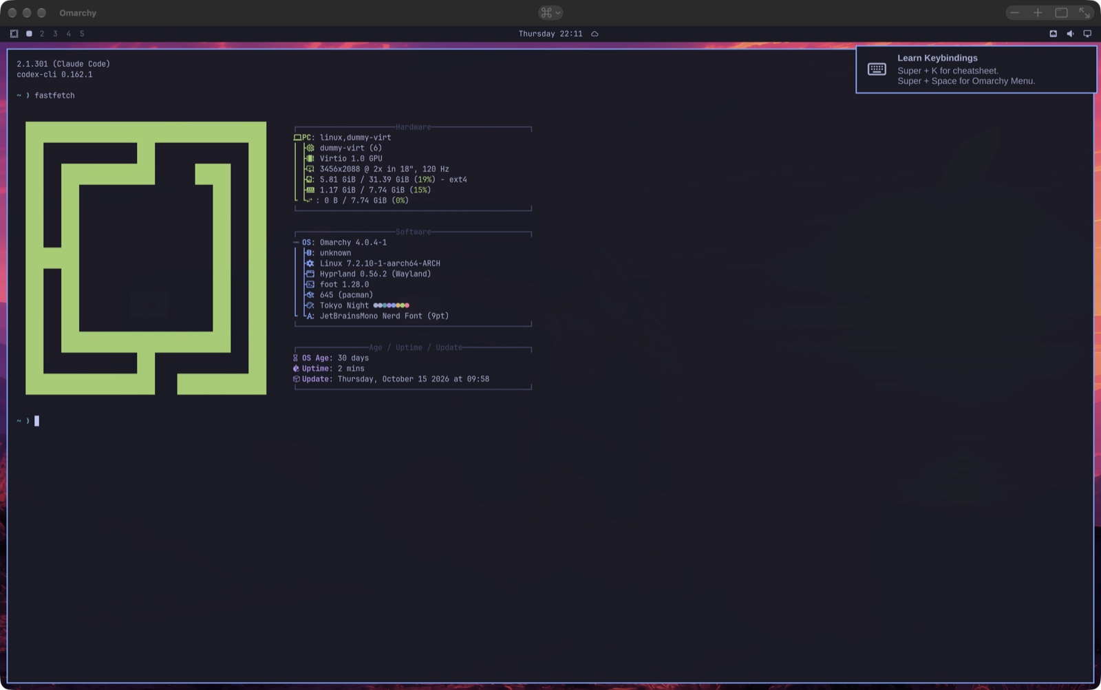 Omarchy's desktop with a terminal: Claude Code 2.1.301 and codex-cli 0.162.1, and fastfetch showing Omarchy 4.0.4 on Hyprland